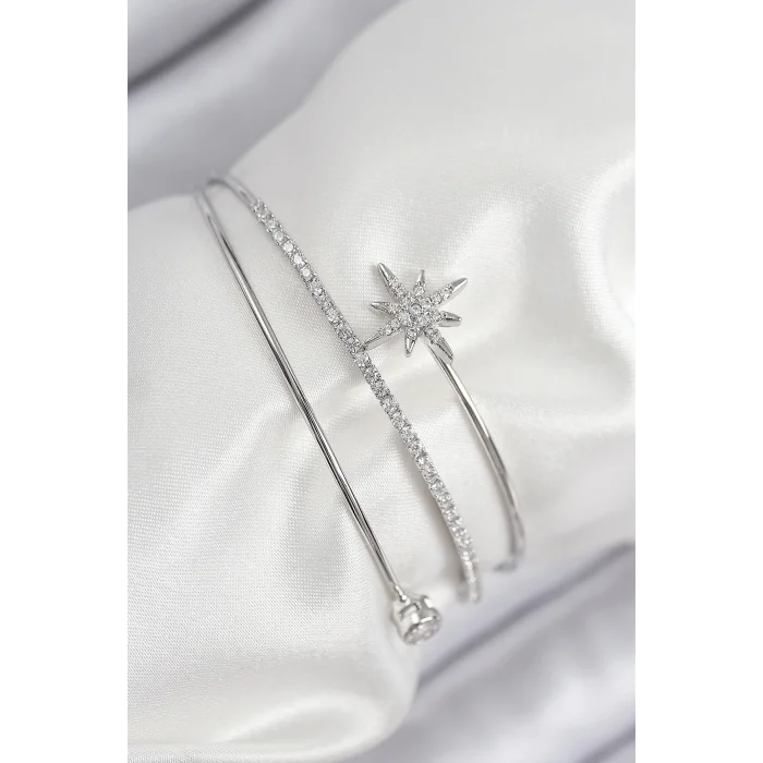 Pirinç Zirkon Taşlı Kutup Yıldızı Model Gümüş Renk Kadın Bileklik