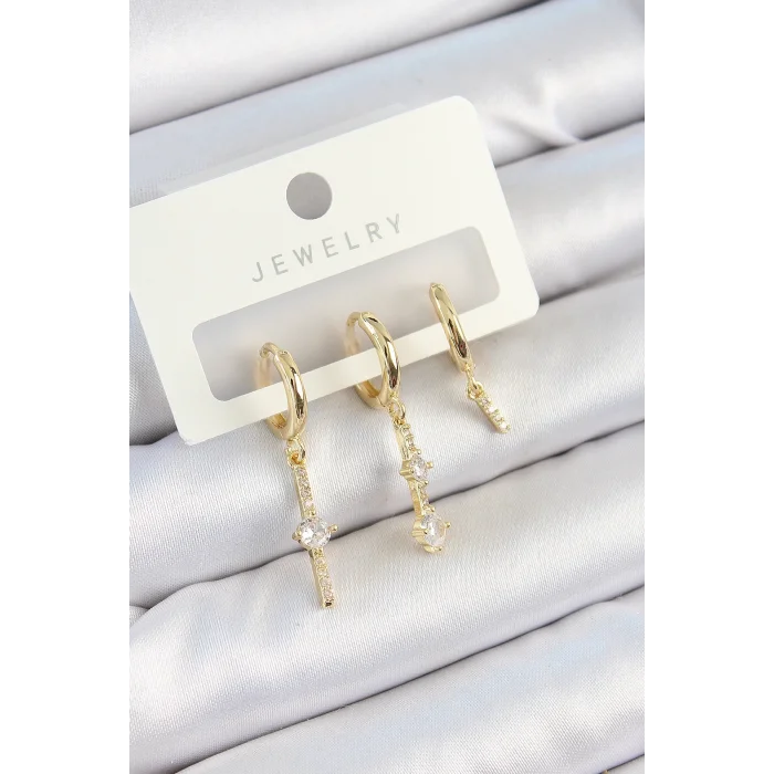 Pirinç Zirkon Taşlı Sallantılı Model Gold Renk 3lü Çift Kadın Küpe Set