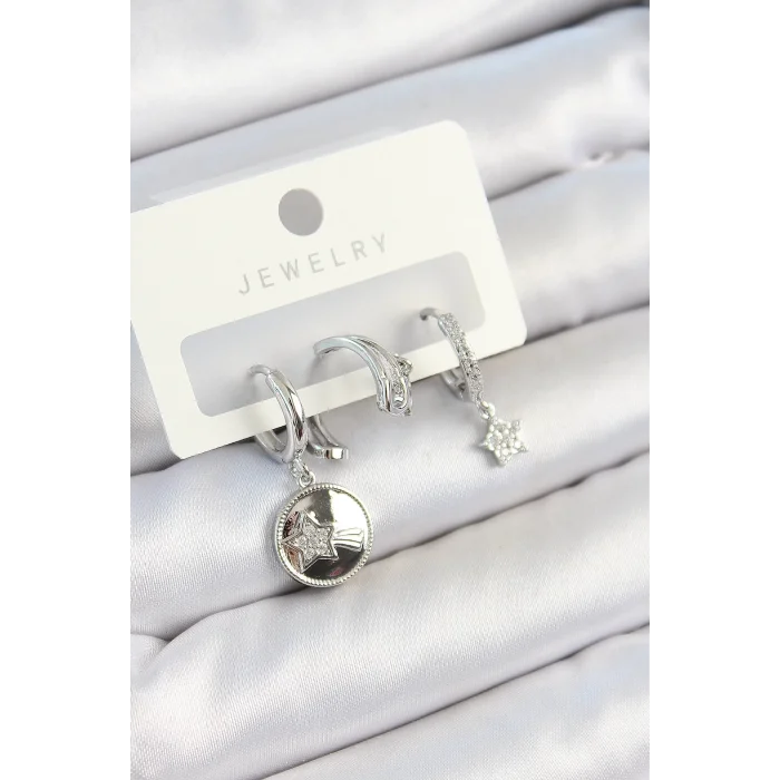 Pirinç Zirkon Taşlı Sallantılı Yıldız Model Gümüş Renk 3lü Çift Kadın Küpe Set