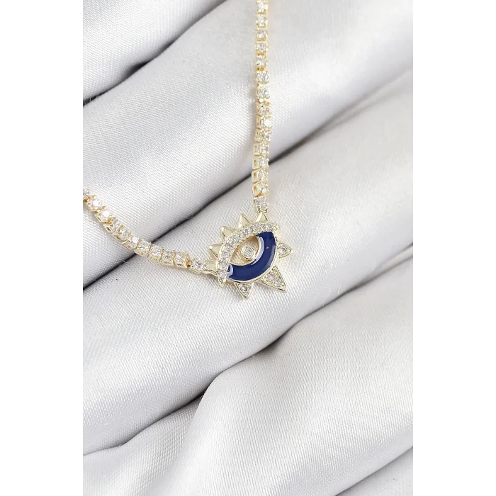 Pirinç Zirkon Taşlı Su Yolu Göz Model Gold Renk Kadın Kolye