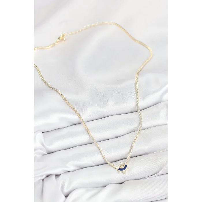 Pirinç Zirkon Taşlı Su Yolu Göz Model Gold Renk Kadın Kolye
