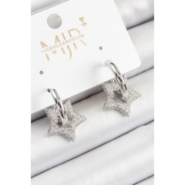 Pirinç Zirkon Taşlı Yıldız Figürlü Halka Model Gümüş Renk Kadın Küpe