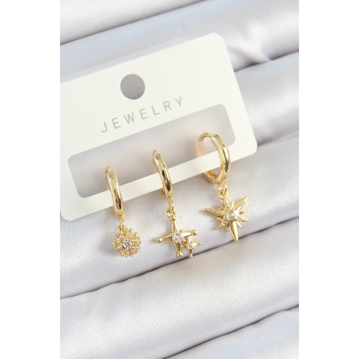Pirinç Zirkon Taşlı Yıldız Model Gold Renk 3lü Çift Kadın Küpe Set