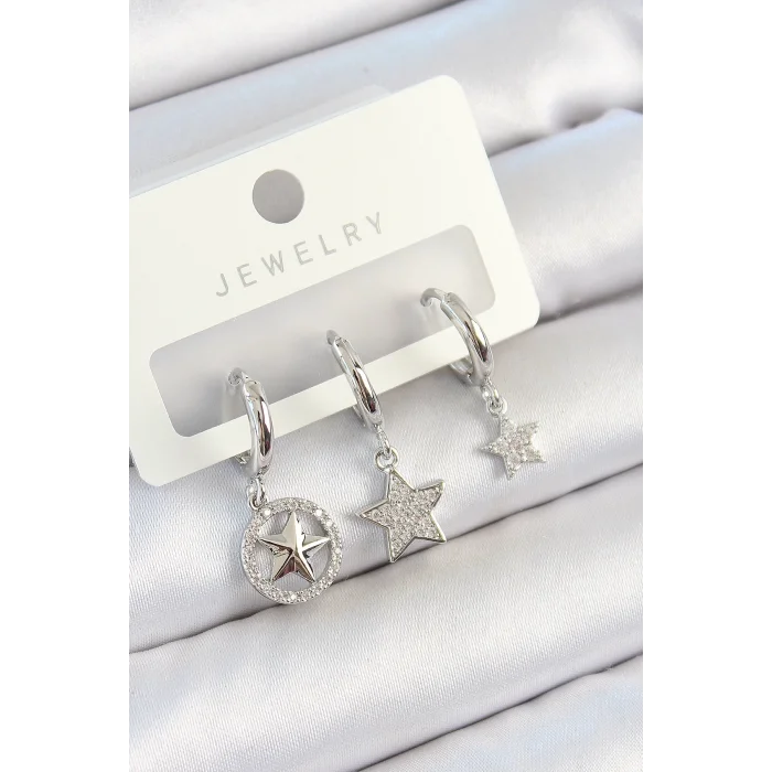 Pirinç Zirkon Taşlı Yıldız Model Gümüş Renk 3lü Çift Kadın Küpe Set