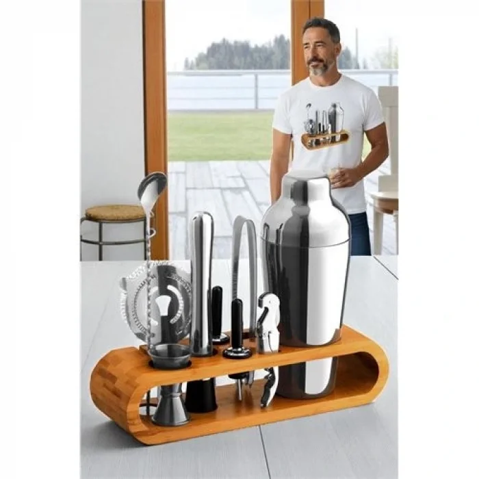Shaker Kokteyl Set - 10 Parça 750 ML Shaker Coctail Set  Bambu Standlı
