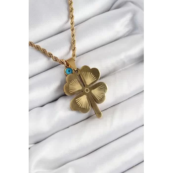 316L Çelik Burgu Zincirli Nazar Detaylı Yonca Model Gold Renk Kadın Kolye