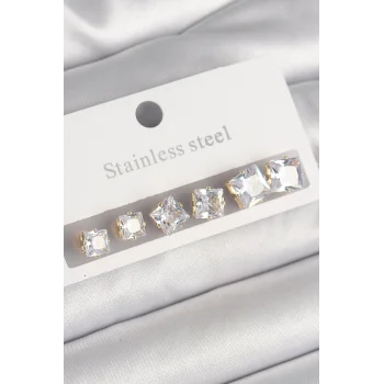 316L Çelik Gold Renk Kare Zirkon Taş Model Kadın Küpe Seti