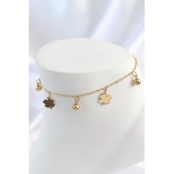 316L Çelik Gold Renk Sallantı Topçuk Yonca Model Kadın Halhal