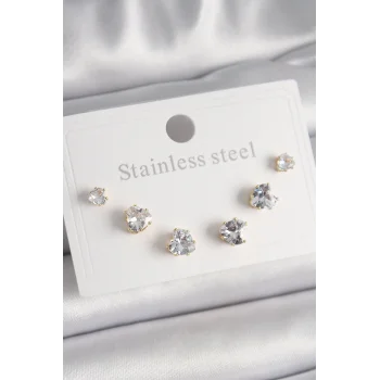 316L Çelik Gold Renk Zirkon Taşlı Kalp Model Kadın Küpe Seti