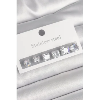 316L Çelik Gümüş Renk Kare Zirkon Taşlı Kadın Küpe Seti