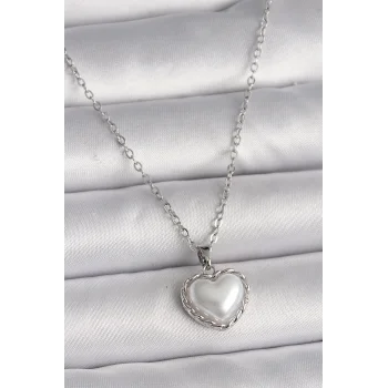 316L Çelik Gümüş Renk Zincir 3D İnci Kalp Model Kadın Kolye