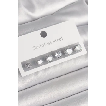 316L Çelik Gümüş Renk Zirkon Taşlı Kadın Küpe Seti
