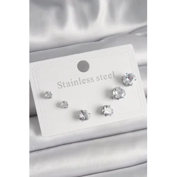 316L Çelik Gümüş Renk Zirkon Taşlı Kalp Model Kadın Küpe Seti