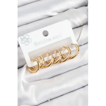 316L Çelik Halka Model Gold Renk 3lü Set Kadın Küpe