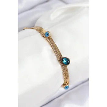 316L Çelik Nazar Boncuk Detaylı Mavi Zirkon Taşlı Model İtalyan Zincir Gold Renk Kadın Bileklik