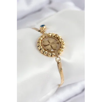 316L Çelik Nazar Boncuk Detaylı Yonca Model İtalyan Zincir Gold Renk Kadın Bileklik