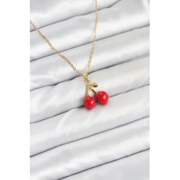 316L Çelik Zincir Gold Renk Kiraz Model Kadın Kolye