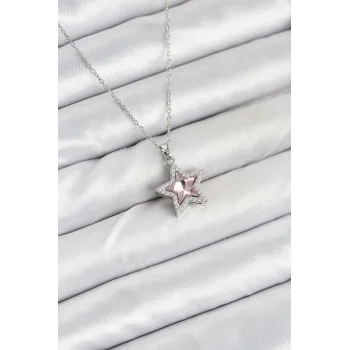 316L Çelik Zincir Gümüş Renk Pembe Taşlı Yıldız Model Kadın Kolye