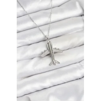 316L Çelik Zincir Gümüş Renk Uçak Model Kadın Kolye