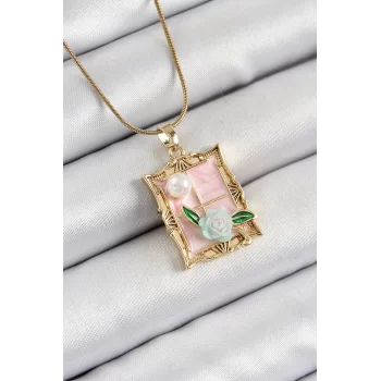 316L Çelik Zincir Pembe Sanatsal Portre İnci Detaylı Gül Figürlü Model Gold Renk Kadın Kolye