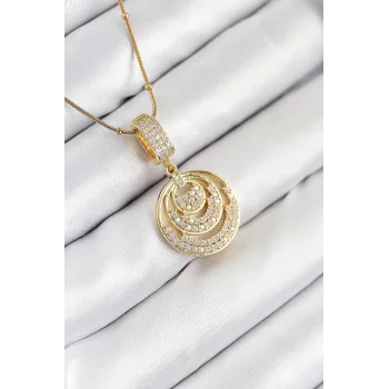 316L Çelik Zirkon Taşlı Çember Model Gold Renk Kadın Kolye