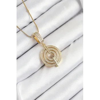 316L Çelik Zirkon Taşlı Çember Model Gold Renk Kadın Kolye