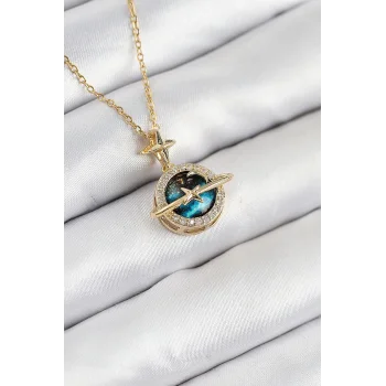 316L Çelik Zirkon Taşlı Gezegen Model Gold Renk Kadın Kolye