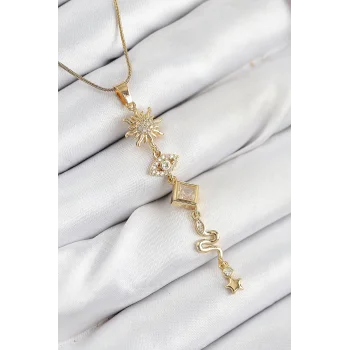 316L Çelik Zirkon Taşlı Güneş Ve Ay Enerji Model Gold Renk Kadın Kolye
