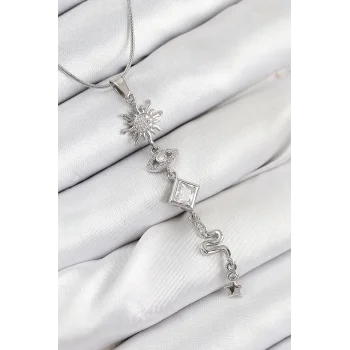 316L Çelik Zirkon Taşlı Güneş Ve Ay Enerji Model Gümüş Renk Kadın Kolye