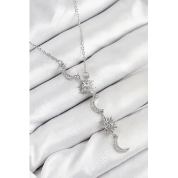 316L Çelik Zirkon Taşlı Güneş Ve Ay Model Gümüş Renk Kadın Kolye