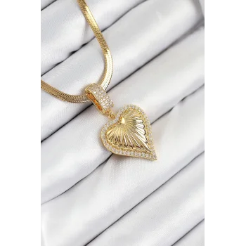 316L Çelik Zirkon Taşlı Kalp Model Gold Renk Kadın Kolye