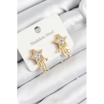 316L Çelik Zirkon Taşlı Kayan Yıldız Model Gold Renk Kadın Küpe