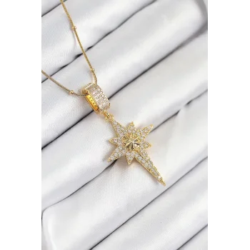 316L Çelik Zirkon Taşlı Kutup Yıldızı Model Gold Renk Kadın Kolye