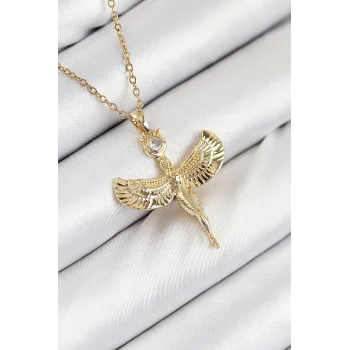 316L Çelik Zirkon Taşlı Melek Model Gold Renk Kadın Kolye