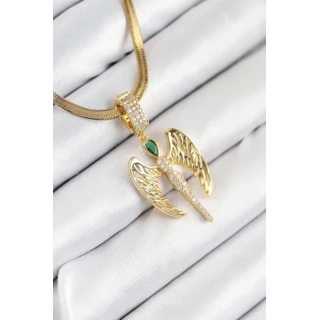 316L Çelik Zirkon Taşlı Melek Model Gold Renk Kadın Kolye