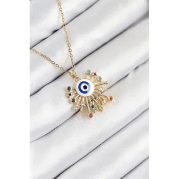 316L Çelik Zirkon Taşlı Nazar Model Gold Renk Kadın Kolye