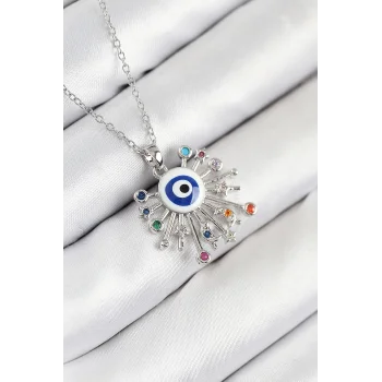 316L Çelik Zirkon Taşlı Nazar Model Gümüş Renk Kadın Kolye