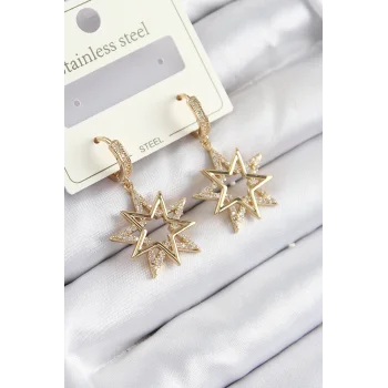 316L Çelik Zirkon Taşlı Sallantılı Yıldız Model Gold Renk Kadın Küpe