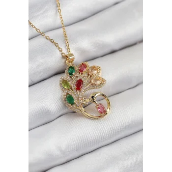 316L Çelik Zirkon Taşlı Tavus Kuşu Model Gold Renk Kadın Kolye