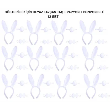 Beyaz Tavşan Kostüm Seti – Taç, Papyon, Kuyruk (12’li Paket)
