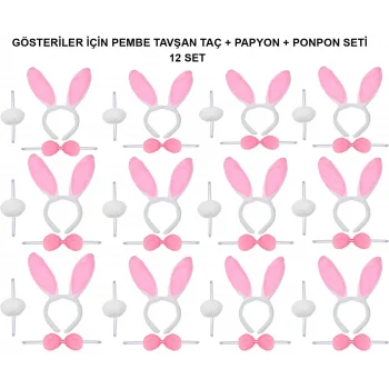 Pembe Tavşan Kostüm Seti – Taç, Papyon, Ponpon (12’li Paket)