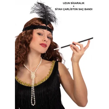 Siyah Retro Charliston Saç Bandı & Sigaralık