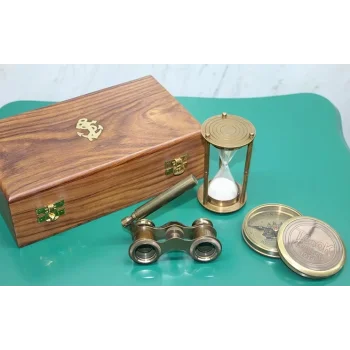 Ahşap Kutulu Pirinç Pusula, Kum Saati, Dürbün Seti