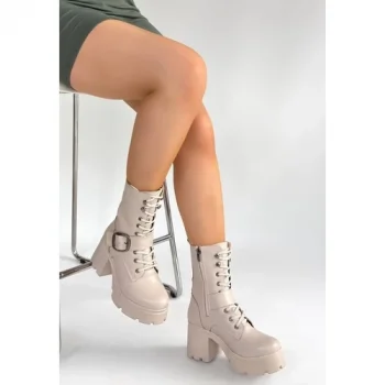 Erbilden Linma Bej Cilt Bağcıklı Topuklu Bot