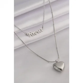 Colezium CLZ741 -  316L Çelik Gümüş Renk 'forever' Yazılı 3D Kalp Model Kadın Kolye