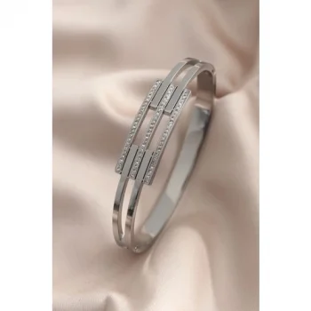 Colezium CLZ741 -  Çelik Gümüş Renk Taşlı Kaburga Model Kelepçe Kadın Bileklik