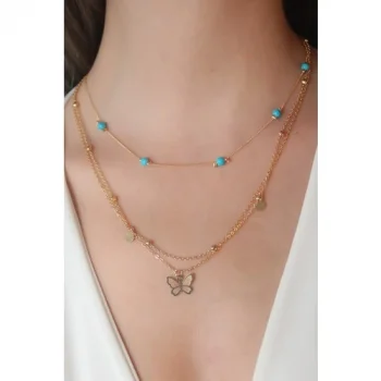 Colezium CLZ741 -  Gold Renk Kelebe Figür Mavi Boncuk Detay Kadın Kolye
