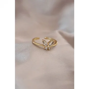 Karce CLZ943  Ayarlamalı Altın Renk Metal Zirkon Taş ve Kristal Taşlı Kelebek Model Yüzük