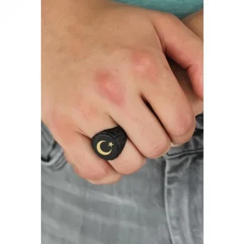 Colezium CLZ741 -  Ay Yıldız Figürlü Siyah Renk Metal Ayarlamalı Erkek Yüzük