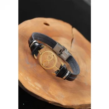 Karce CLZ741 -  Gold Renk Sonsuzluklu Metal Aksesuarlı Siyah Renk Deri Erkek Bileklik